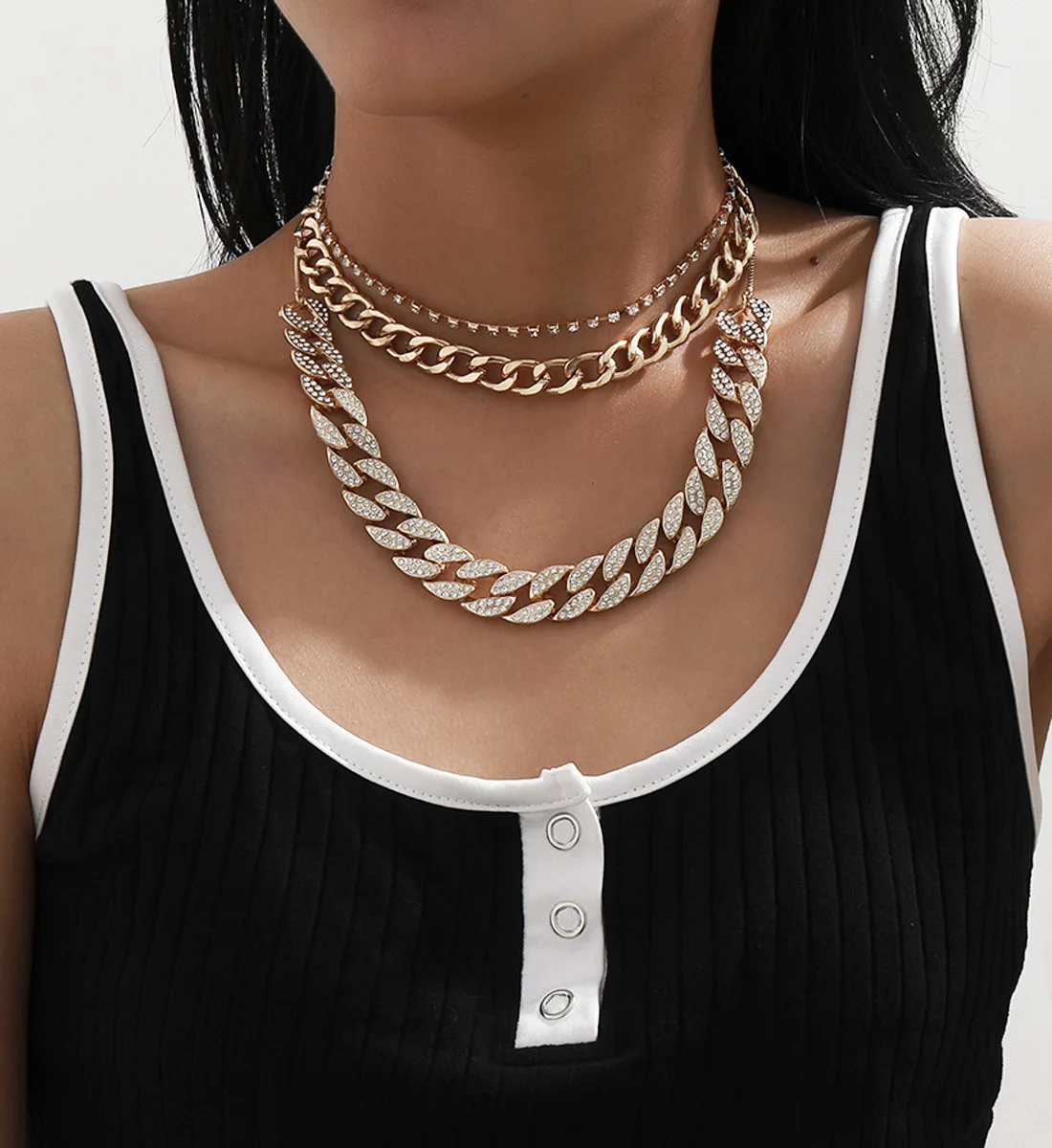 

European&American jewelry temperament versatile multilayer tassel jewelry personality simple full diamond Cuban chain necklace, Picture