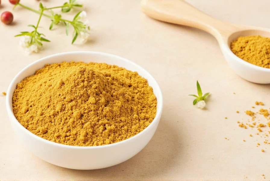 Fenugreek Pulver neben frischen Blättern