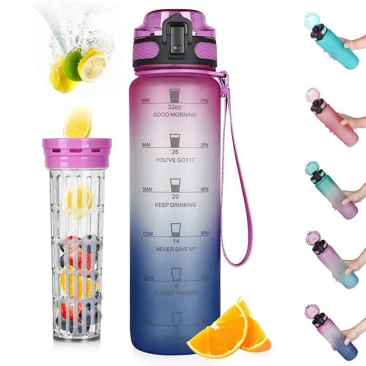 

High quality 32 OZ 1 Liter Motivational Reusable Water Bottles With Times To Drink BPA Free Frosted Plastic bottle with infuser, Customized color acceptable