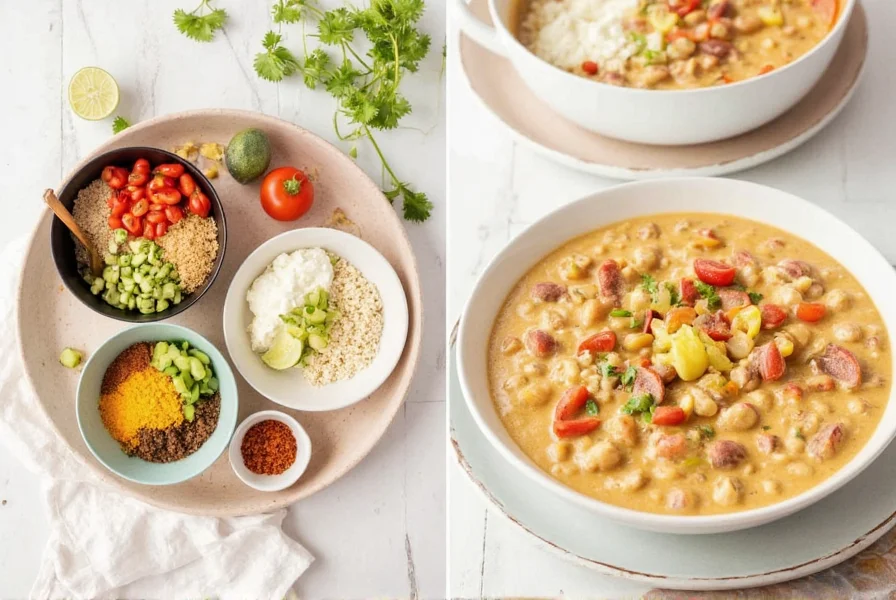 Step-by-step preparation of creamy chicken chili with cream cheese showing ingredients in mixing bowls and final plated dish with garnishes
