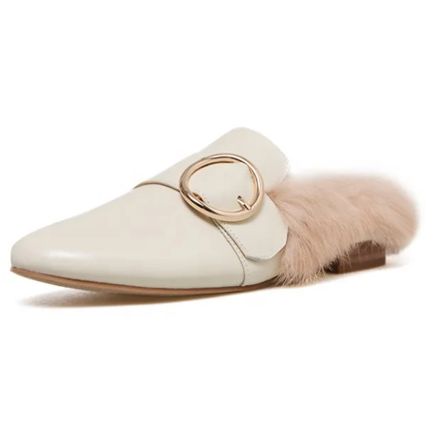 

Womens Leather Slip On Fur Mules Backless Flats Square Toe Buckle Loafers Slippers Shoes, Black beige brown
