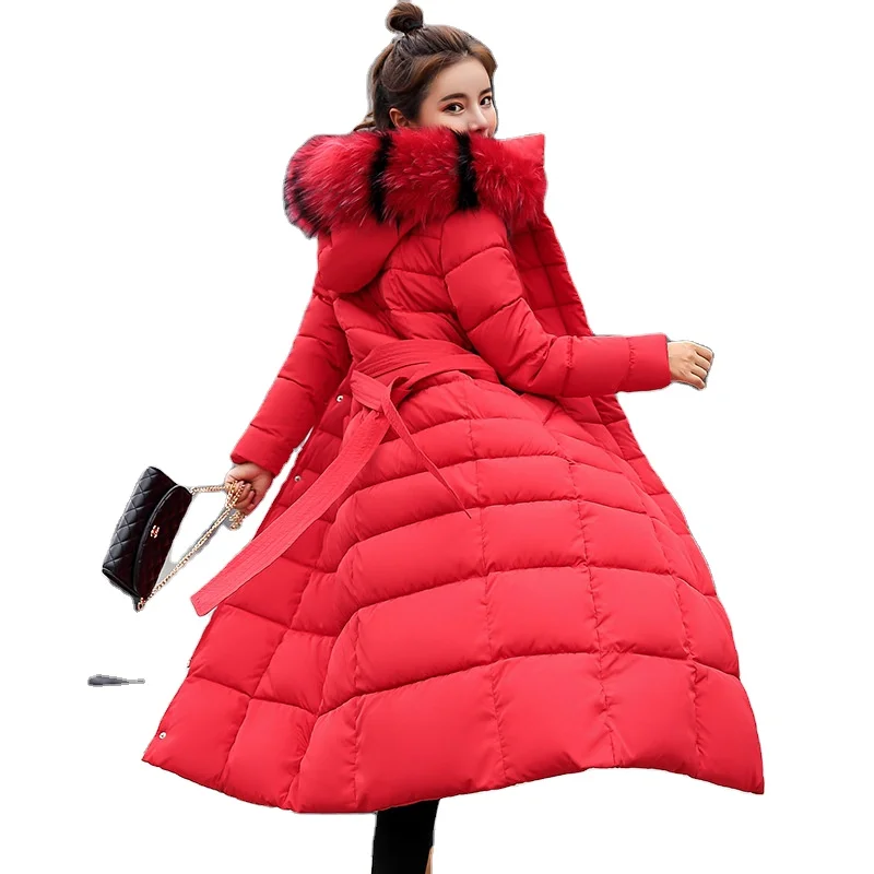 

Female slim-fit cotton jacket over the knee long detachable fur collar hooded down jacket