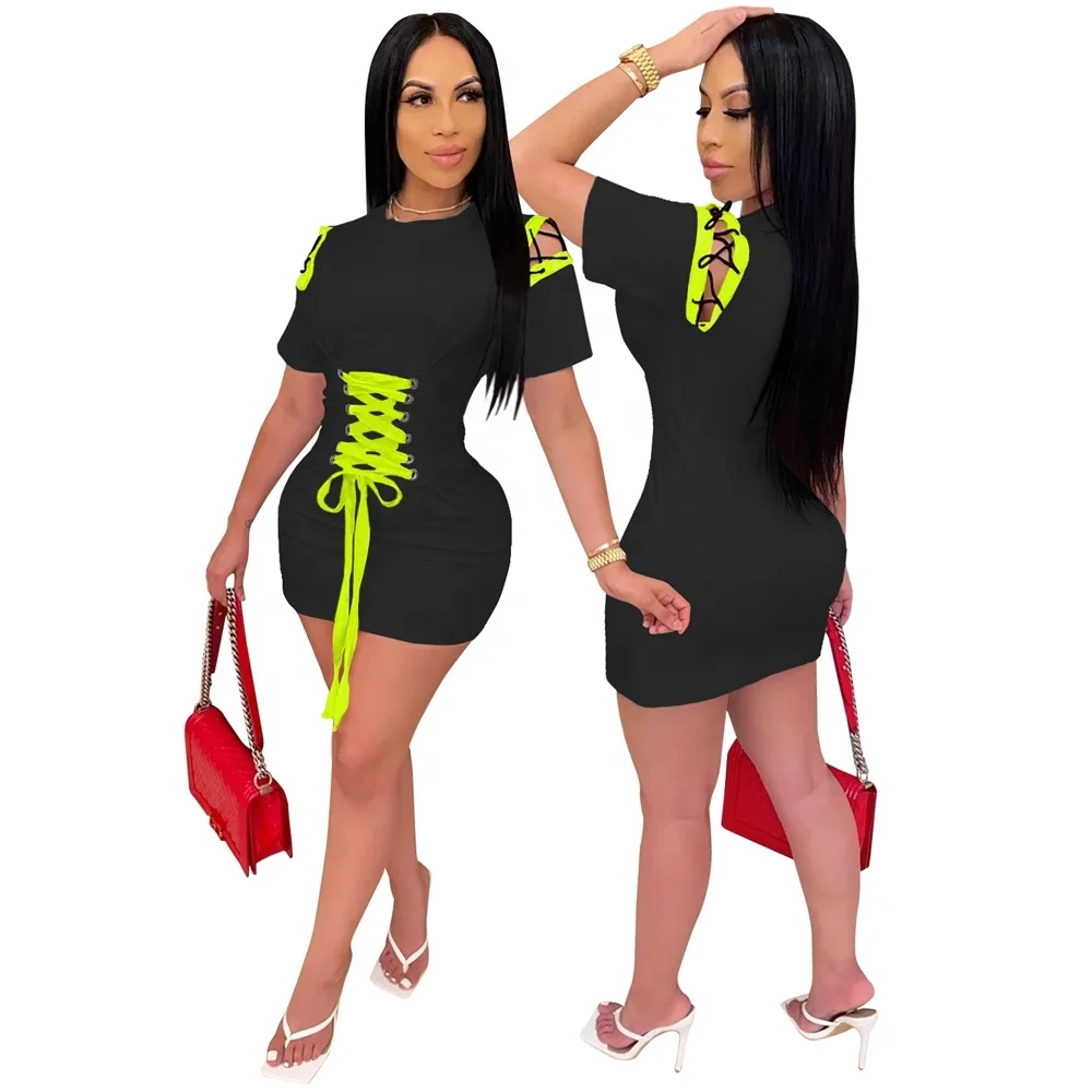 

Sexy Summer Women Mini Lace Up Short Sleeve Bodycon Dress, Rose,black,blue,white