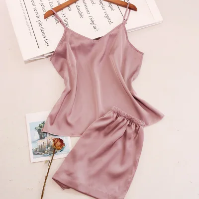 

Wholesale V Neck Sexy Silky Nightwear 2 Piece Lingerie Short Sleepwear Cami Set womens satin pajamas