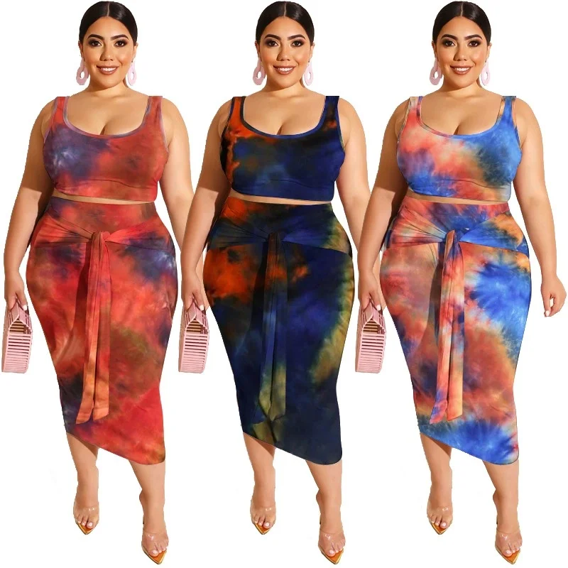 

Sleeveless top and lace-up skirt tie-dye printing tight-fitting buttocks fashion casual plus size women's two-piece suit, Picture color