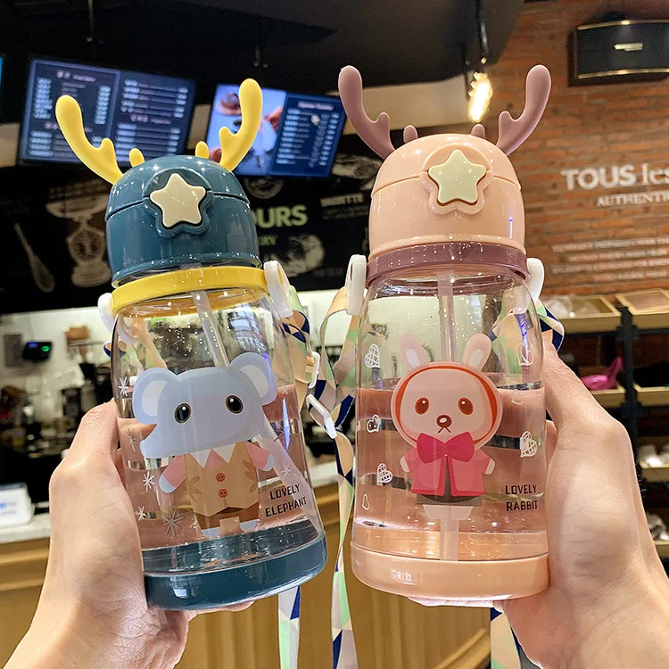 

shoutao customized wholesale 20oz cartoon children water bottle antlers shape tumblers plastic cups with strap and straw