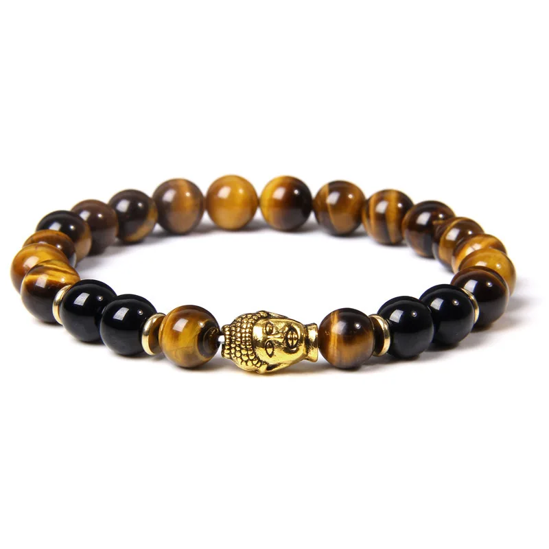 

Hot Selling Yoga Jewelry Handmade Colored Tiger Eye Stone Buddha Prayer Charm Bracelet Buddha Head Stretch Bracelet, Brown