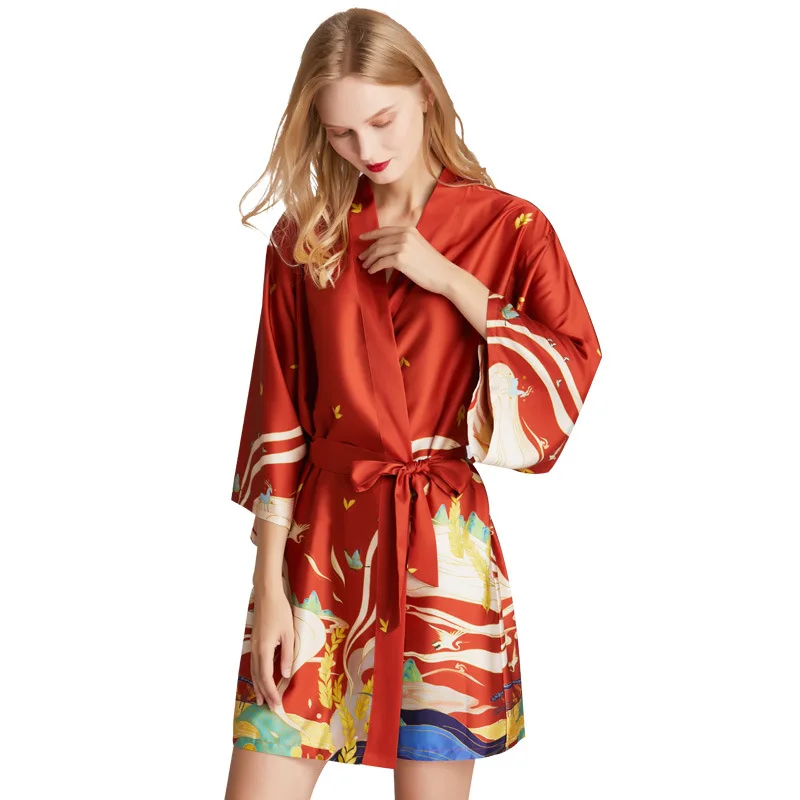 

Hot Sale Summer Printed Nightgown Women's Smooth Satin Soft V Neck Nightgown bridesmaid robes
