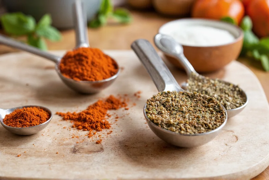 Homemade spice blend ingredients including coriander, paprika, and oregano measured in spoons on kitchen counter