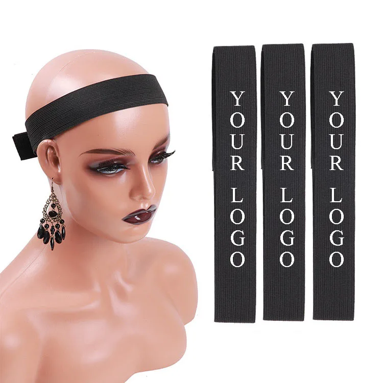 

Printed logo edge elastic hair bands adjustable custom elastic band for wigs, Black