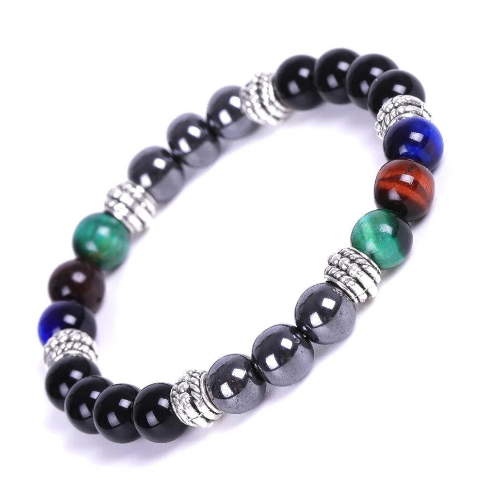 

Colorful blue and green tiger eye stone bracelet fashion mix and match iron ore black stone bracelet jewelry, Photo color