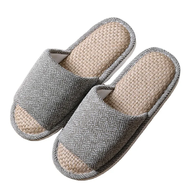 

Custom linen fabric men slippers absorbent breathable flax hotsale indoor shoes summer open toe sandals skidproof sliders