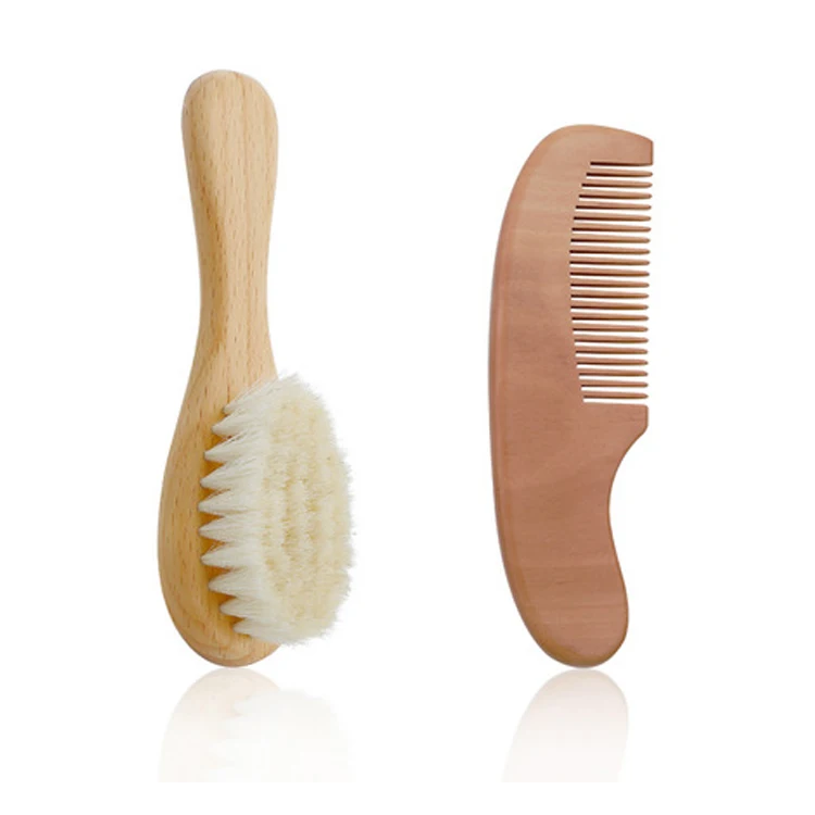 

Factory custom bamboo wooden 100% goat hair baby hair brush and comb set, Natural color