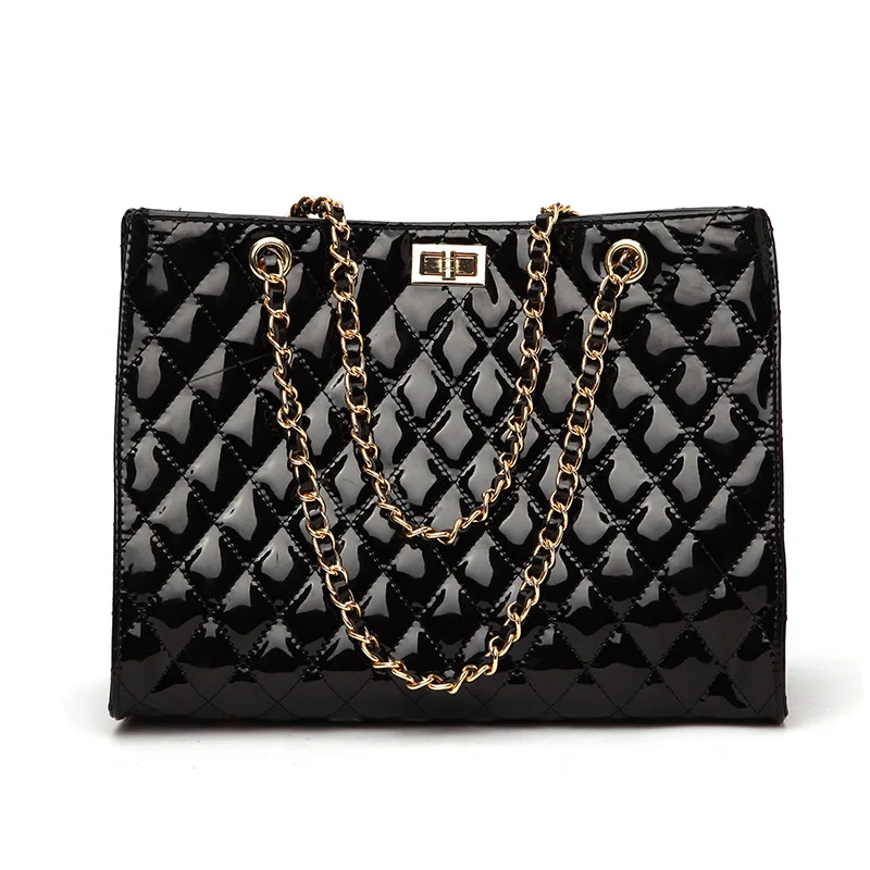 

elegant black enamel leather pu large tote bag fashion bags with chains