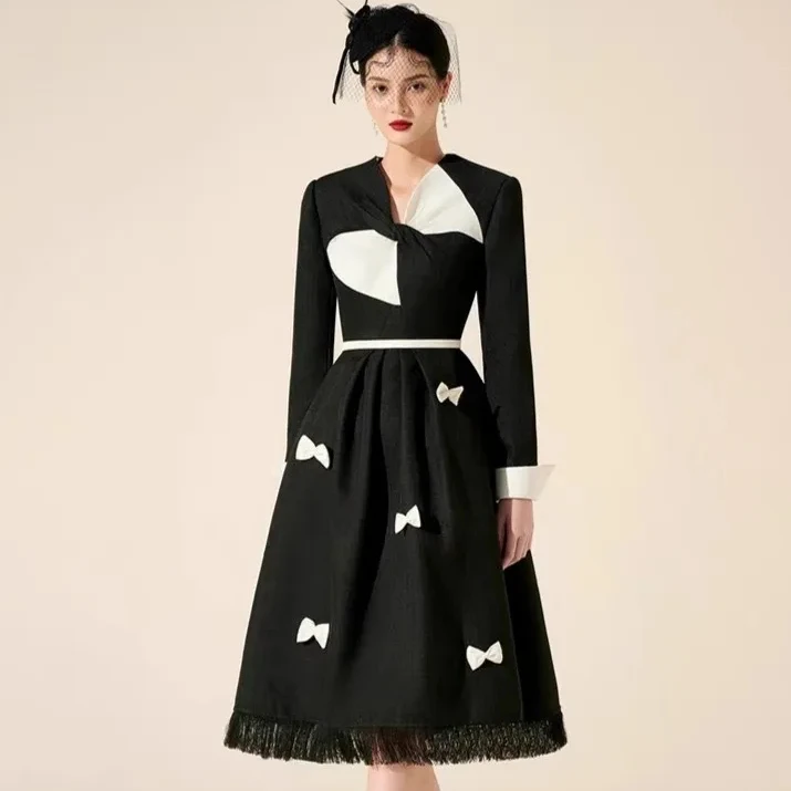 

Bettergirl 2023 Ladies Fashion Elegant Black Design Stereoscopic Bow Contrast Color Dissymmetry Big Swing Dress