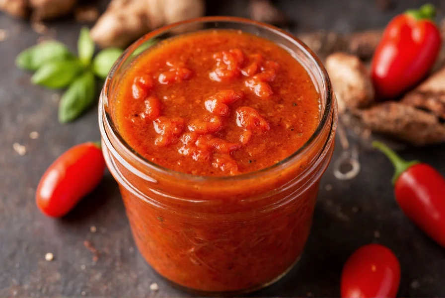 Close-up of Pepper XO sauce in jar with fresh peppers and cooking ingredients