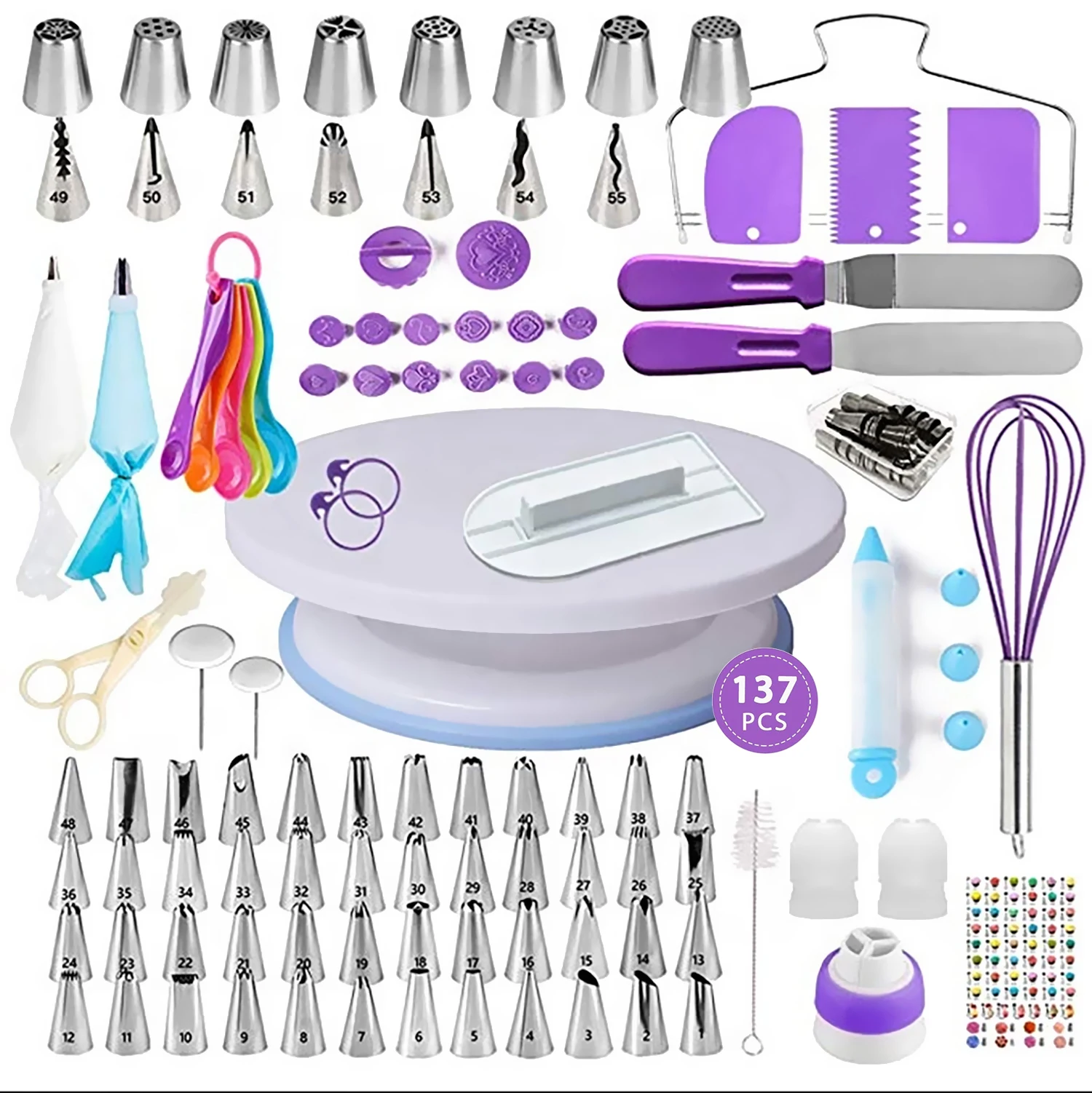 

137 Pcs Piping Bag Set Turntable Reposteria Pastry Baking Supplies Stand Cake Decoration Accessories, As the picture shows