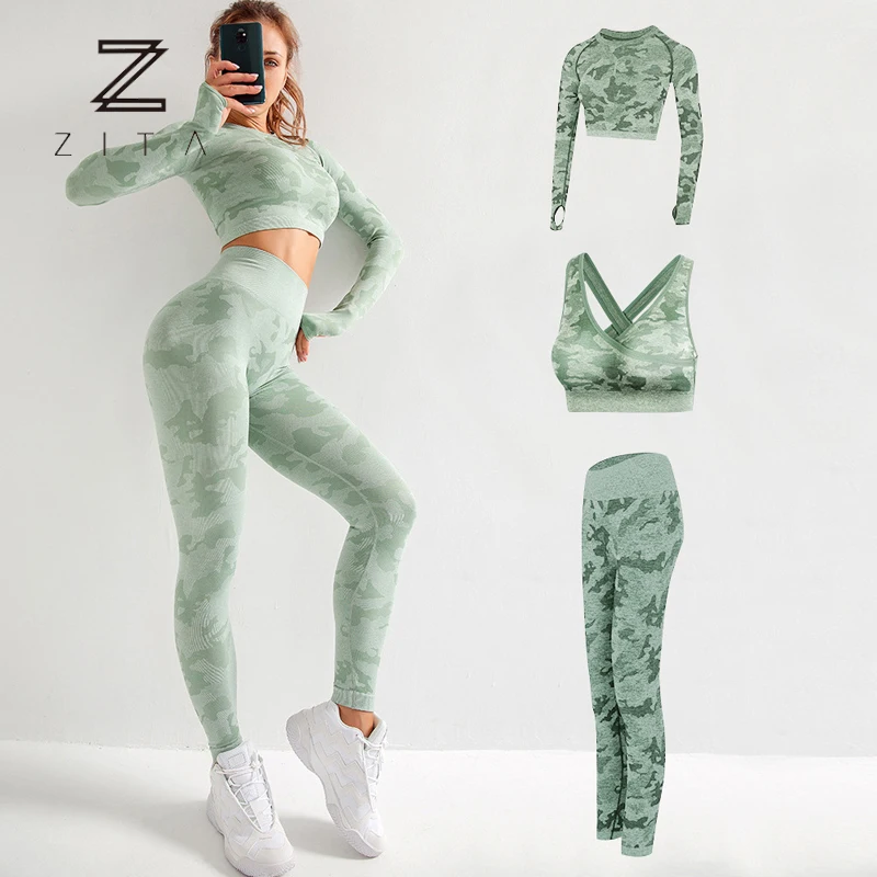 

Camouflage Colors Seamless Women Fitness Sports Wear Autumn Season Stretch Skinny 3pcs Sports Suits
