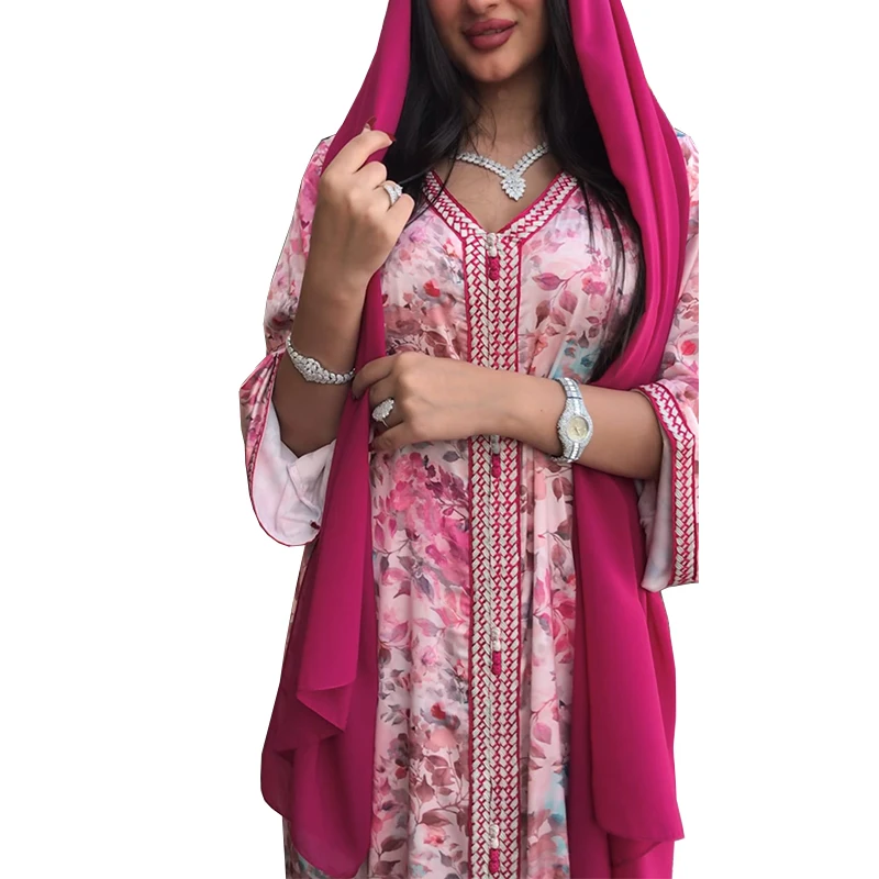 

Plus Size Summer New Pink Women Print Floral V Neck Abaya Dresses Women Muslim Long Abaya, Customized color