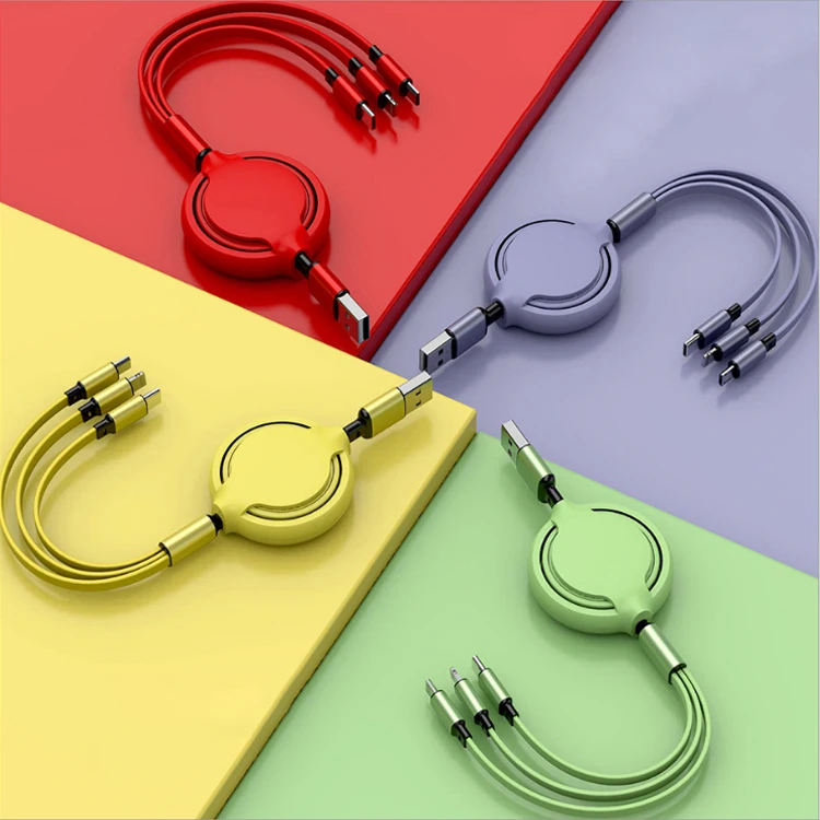 

New liquid silicone retractable charging cable 3A 3 in 1 fast charge usb phone line 1.2m 4ft for i phone android type-c