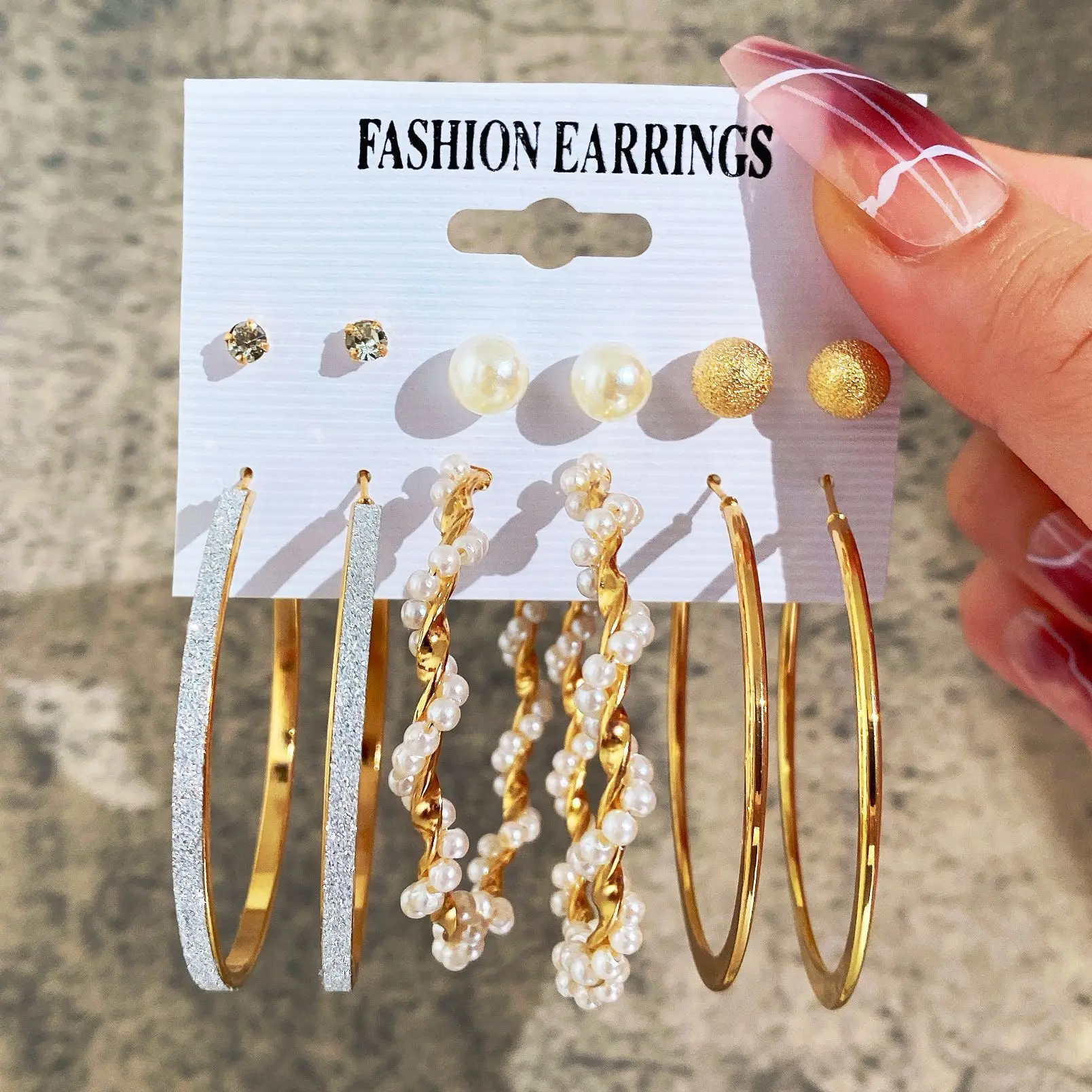 

Fashion Jewelry New Heart Earrings 6-piece Creative Pearl Diamond Gold Circle Earring Set