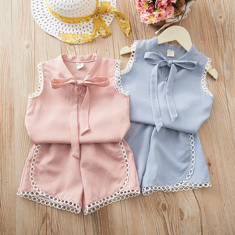 

Southeast Asia Pop Style Small Medium-sized Girls Summer Korean Baby Fashionable Plaid LACE VEST Shorts Set Spot