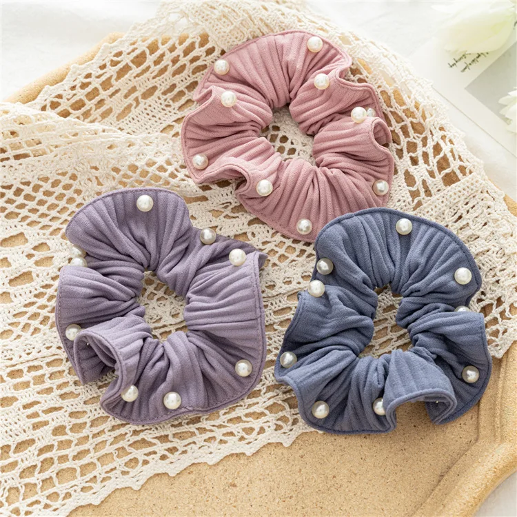 
LRTOU Wholesale Latest Design Fashion Women Elastic Ponytail Holders Hair Accessories Hair Ties Flower Wrinkle Pearls Scrunchies 