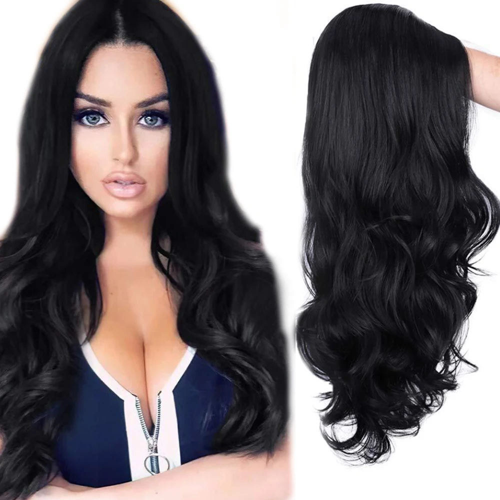 

hot selling the best quality custom loose curly long high temperature synthetic fiber lace frontal wigs and hair for black women, Natural black