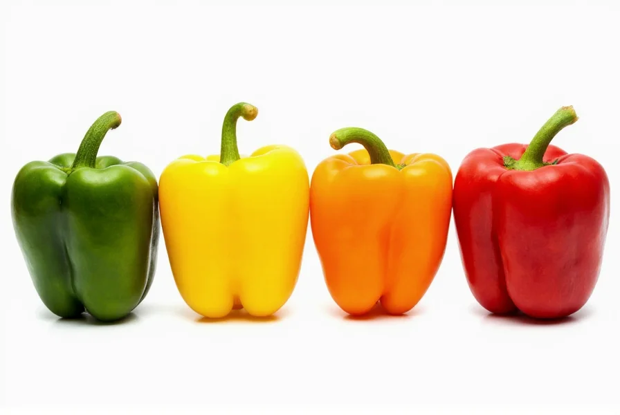 Color progression of bell peppers from green to yellow to orange to red showing ripening stages