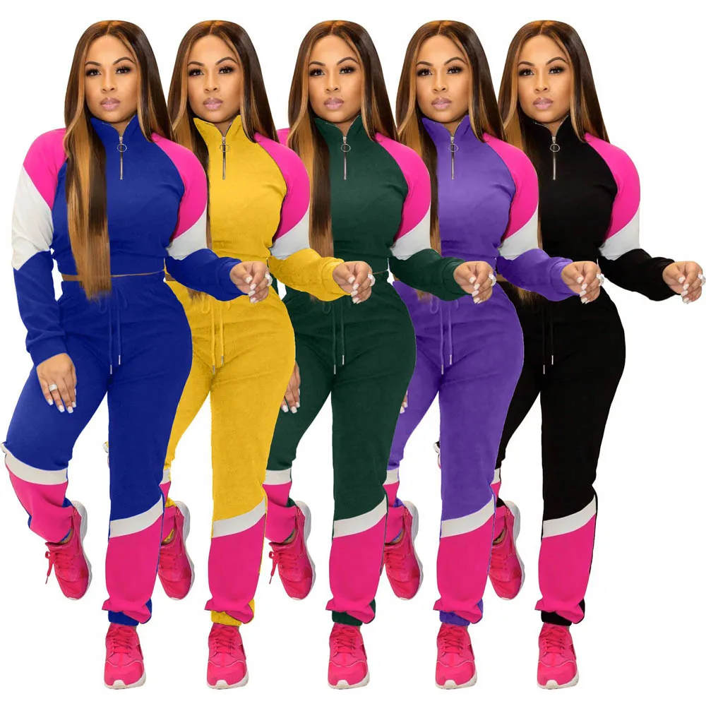 

custom logo color block sweatsuit plus size 2 piece jogging tracksuit women, Blue, black, purple, yellow, green