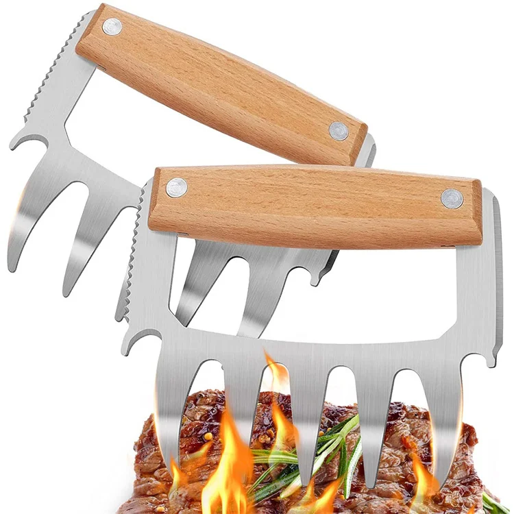 

Unique Multifunctional Bear Meat Claws dispenser Food Fork with wooden handle Stainless Steel BBQ Meat Cutter for Turkey Chicken