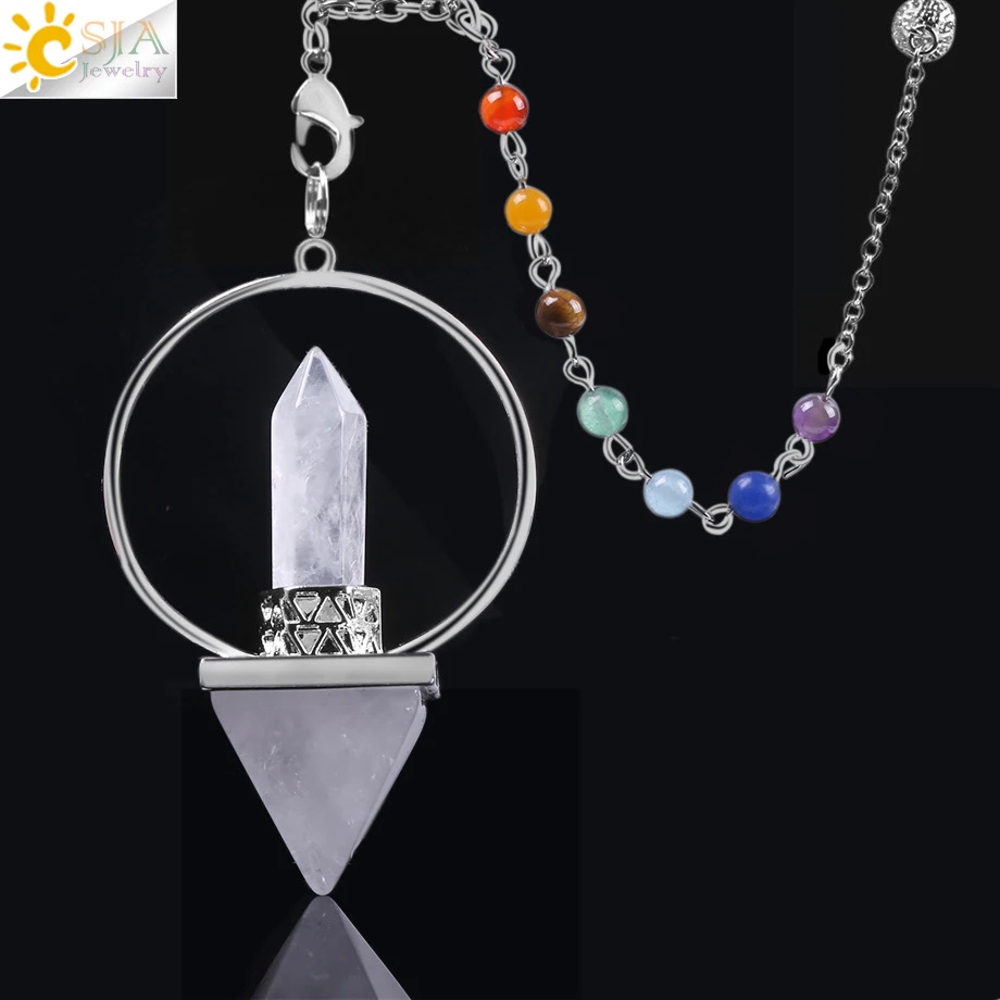 

CSJA 2020 trendy reiki healing 7 chakra hexagonal pyramid crystal dowsing pendulums with chain F057