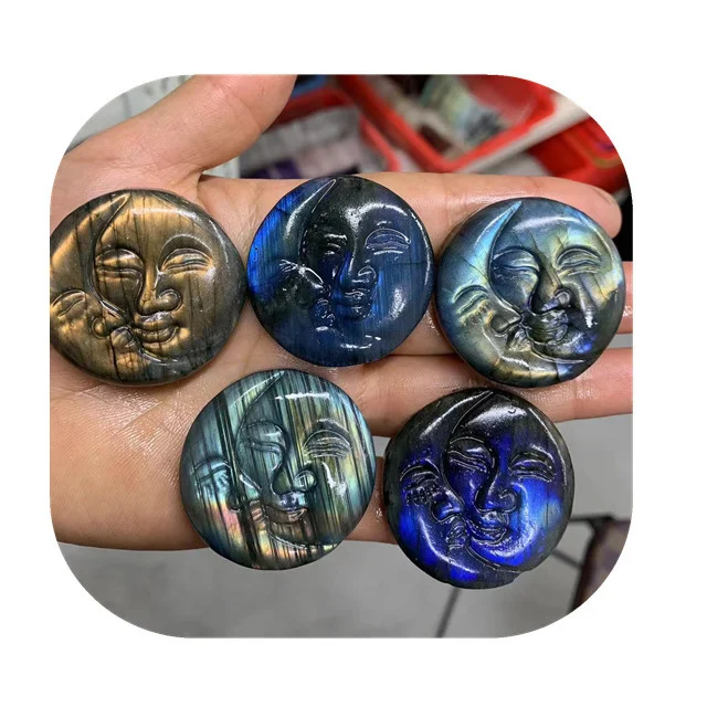 

New arrivals 40mm crystal crafts spiritual quartz carved natural blue flash labradorite sun moon face Figurines for gift