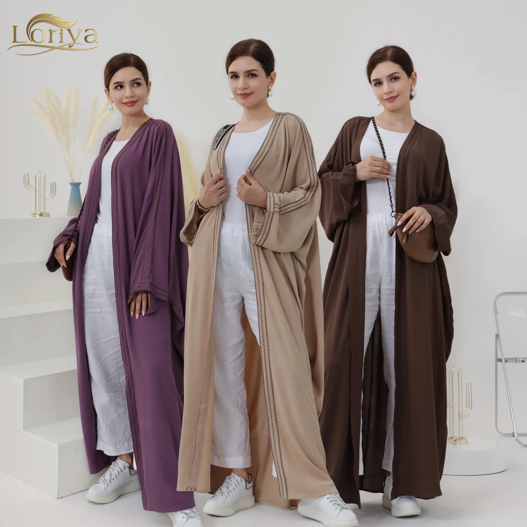 

Loriya China Supplier Turkey Abaya Embroidery Dubai Style Women Muslim Dress Open Cardigan Islamic Clothing