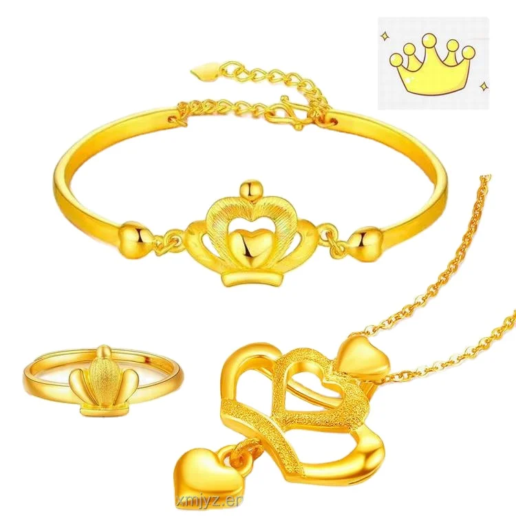 

Gold Jewelry Crown Ring Bracelet Necklace Set Vietnam Shajin