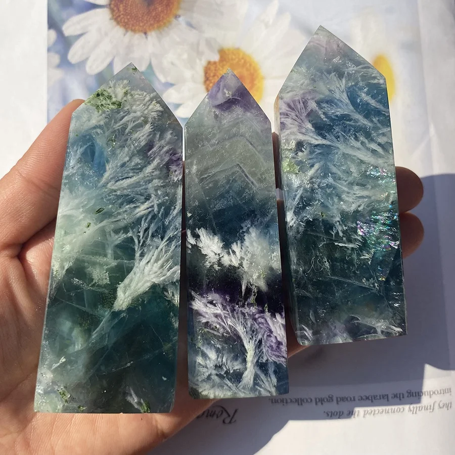 

Hand Carved Natural Green Blue Feather Fluorite Crystal Obelisk Big Tower Point