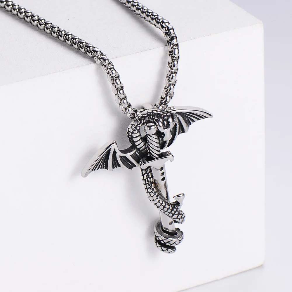 

Vintage costume jewelry dragon fly necklace stainless steel dragon sword necklace