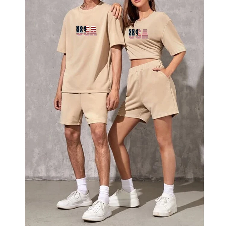 

F230249 Custom Summer Plain Color Short Sleeve T-shirt Tops And Bottom Shorts Set Outfit Two pieces Jogger Unisex Tracksuits Set