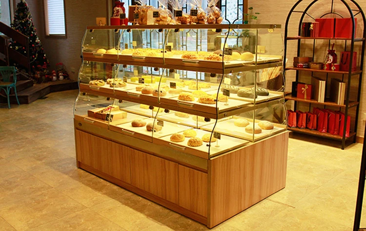面包店超市货架的优质时尚风格木制面包展示架