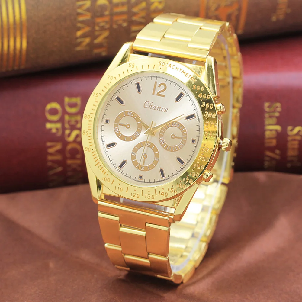 

Hot style gold steel band watch jewelry men's quartz golden watch wholesale, As pic