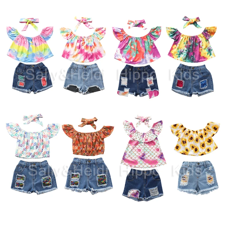 

Boutique baby girls off-shoulder top with demin shorts set kids 3pcs summer clothes set