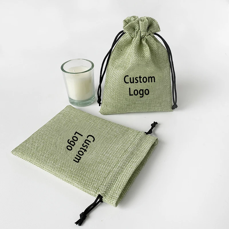 

Custom Logo Green Jute Linen Drawstring Game Pieces Bags Burlap Pouches For Tarot Cards