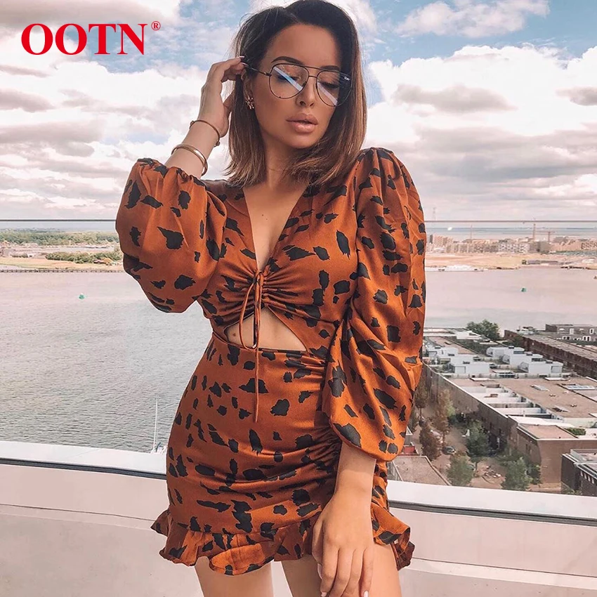 

OOTN Fashion Vintage Animal Print Ladies Dresses Ruffle Drawstring Leopard Dress Women V-Neck Puff Sleeve Casual Sexy Mini Dress