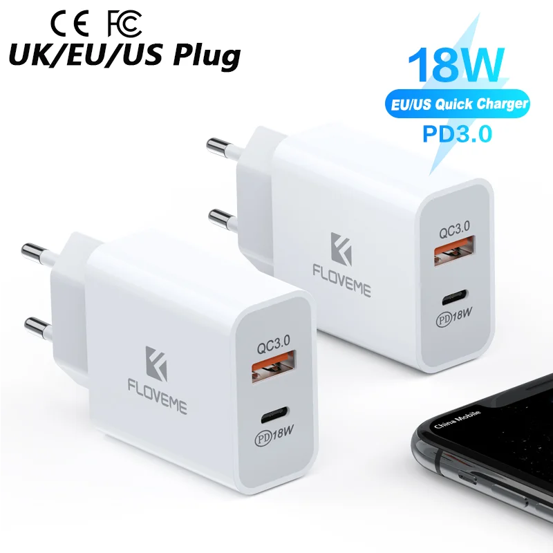 

1 Sample OK CE FCC FLOVEME QC3.0 Fast Charger 18w PD USB Wall Charger EU US UK Plug Travel Adapter for iphone 12 Charger