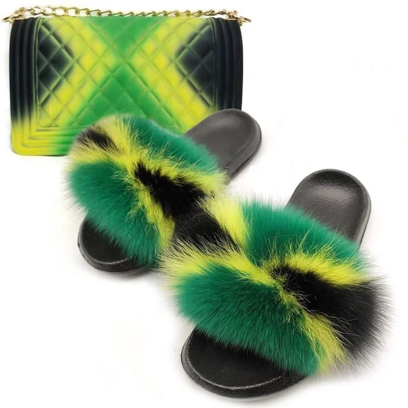 

Wholesale 2021 New hot real fox fur slipper outdoor sandals fox fur slides jelly bag fur slippers and purse sets for women, Multi