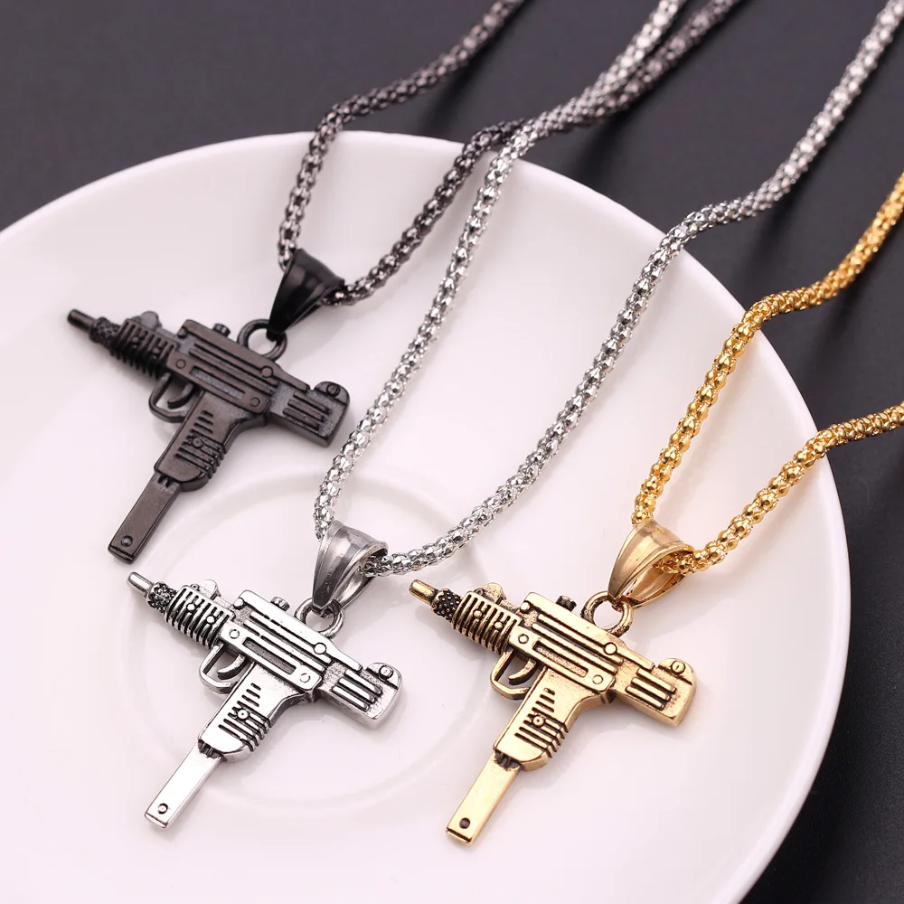 

Cool Hip UZI GUN Shape Pendant Necklace Gold Black Silver Color Army Style Male Chain Men Necklaces Jewelry, Silver gold black