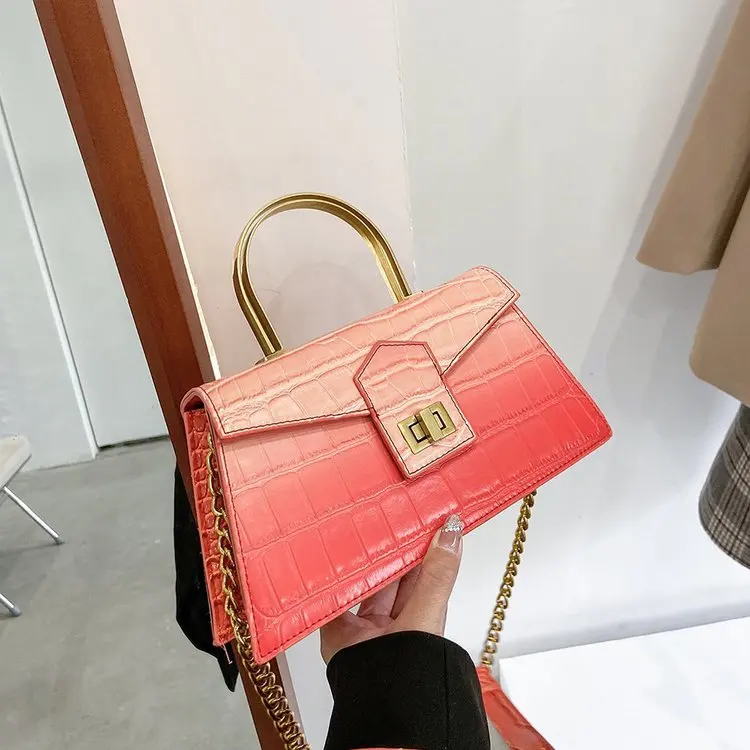 

Crocodile Gradient Color Metal Handle Bags 2021 Korean Fashion Chains Shoulder Messenger Bag Women Handbags Customized, Orange green purple pink