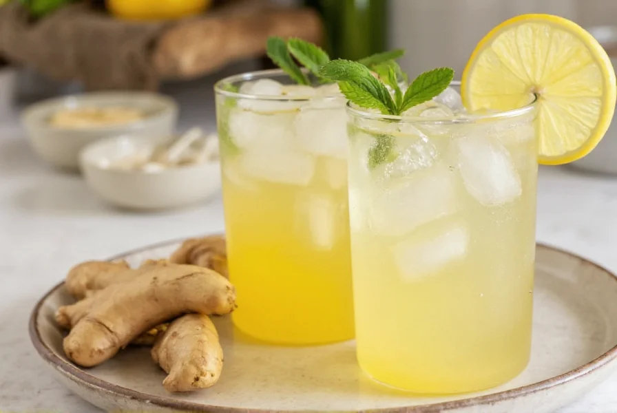 Variety of ginger water preparations in glass jars with different ingredients