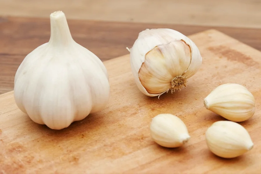 Chef's knife crushing garlic clove on cutting board