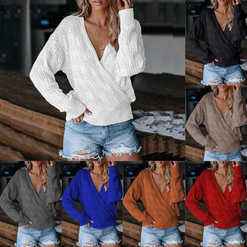 

WW-0191 Ladies Sweater Knitting Pure Color Long Sleeve Hollow-out Coat Knitwear Vintage Loose Sweater